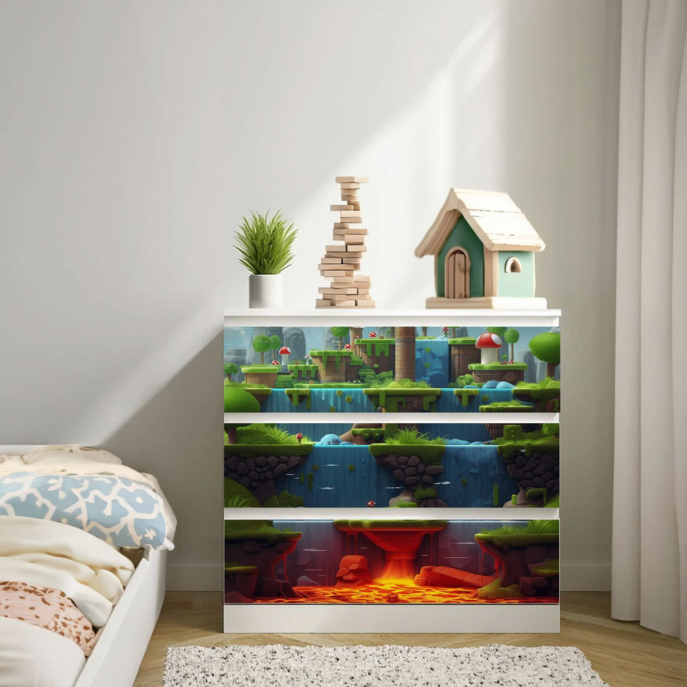 Möbelfolie IKEA Malm Game Level Lava – Plattformwelt mit Feuer, Gestein & Lavafluss - Sunnywall - Individualität trifft Design