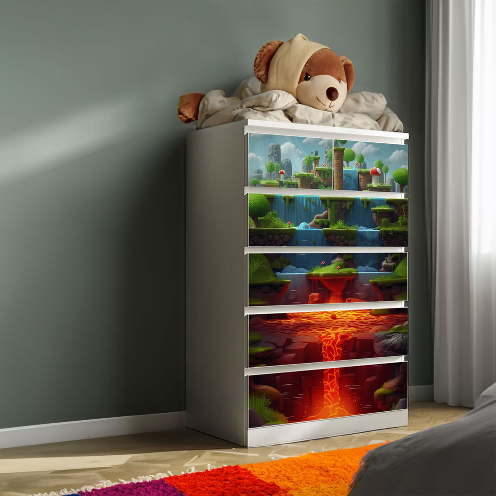 Möbelfolie IKEA Malm Game Level Lava – Plattformwelt mit Feuer, Gestein & Lavafluss - Sunnywall - Individualität trifft Design