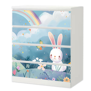 Möbelfolie IKEA Malm Hase – niedliches Design auf Blumenwiese mit Regenbogen - Sunnywall - Individualität trifft Design