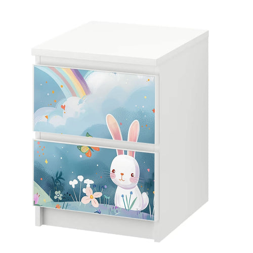 Möbelfolie IKEA Malm Hase – niedliches Design auf Blumenwiese mit Regenbogen - Sunnywall - Individualität trifft Design