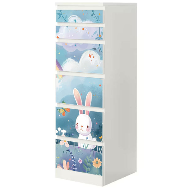 Möbelfolie IKEA Malm Hase – niedliches Design auf Blumenwiese mit Regenbogen - Sunnywall - Individualität trifft Design