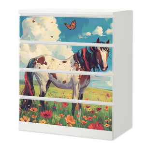 Möbelfolie IKEA Malm Pferd – buntes Blumenwiesenmotiv mit Schecke & Schmetterling - Sunnywall - Individualität trifft Design