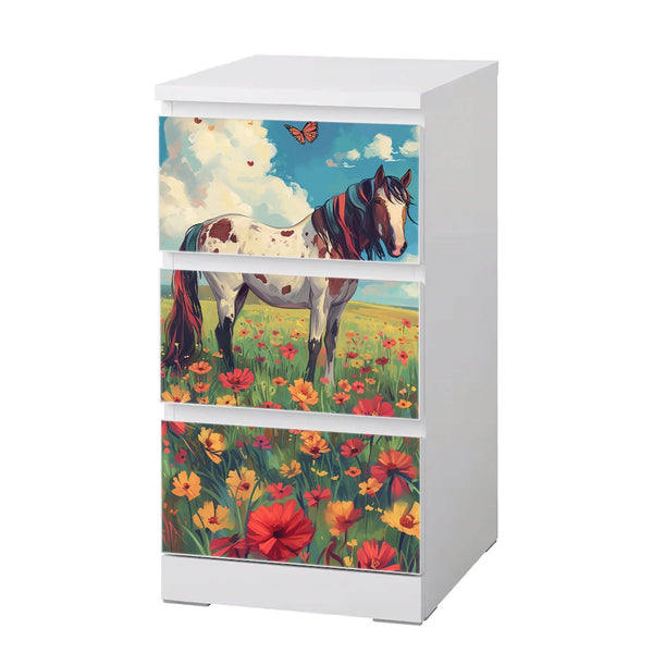Möbelfolie IKEA Malm Pferd – buntes Blumenwiesenmotiv mit Schecke & Schmetterling - Sunnywall - Individualität trifft Design