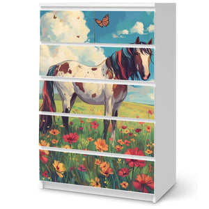 Möbelfolie IKEA Malm Pferd – buntes Blumenwiesenmotiv mit Schecke & Schmetterling - Sunnywall - Individualität trifft Design