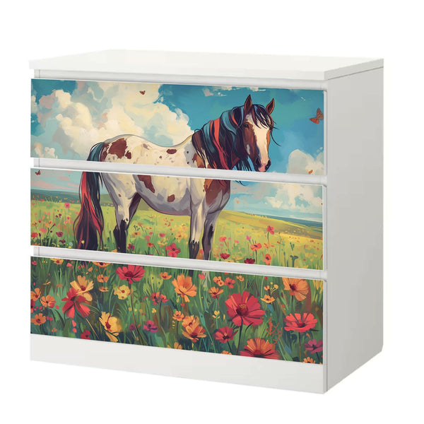 Möbelfolie IKEA Malm Pferd – buntes Blumenwiesenmotiv mit Schecke & Schmetterling - Sunnywall - Individualität trifft Design