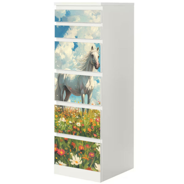 Möbelfolie IKEA Malm Pferd – weißes Pferd auf Blumenwiese mit Sommerhimmel - Sunnywall - Individualität trifft Design