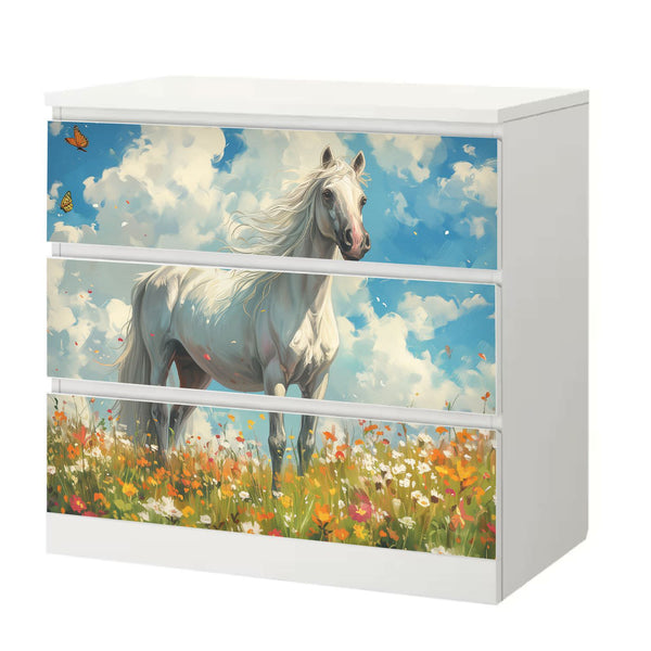 Möbelfolie IKEA Malm Pferd – weißes Pferd auf Blumenwiese mit Sommerhimmel - Sunnywall - Individualität trifft Design