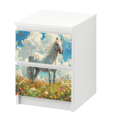 Möbelfolie IKEA Malm Pferd – weißes Pferd auf Blumenwiese mit Sommerhimmel - Sunnywall - Individualität trifft Design