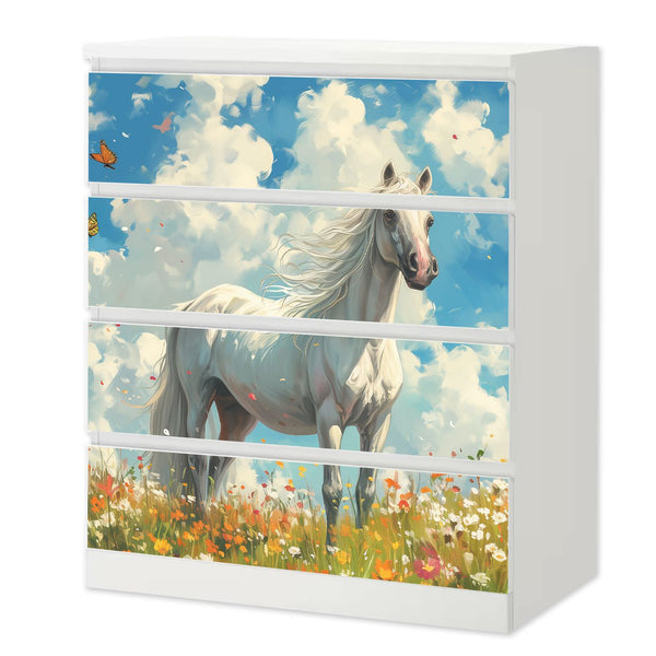 Möbelfolie IKEA Malm Pferd – weißes Pferd auf Blumenwiese mit Sommerhimmel - Sunnywall - Individualität trifft Design