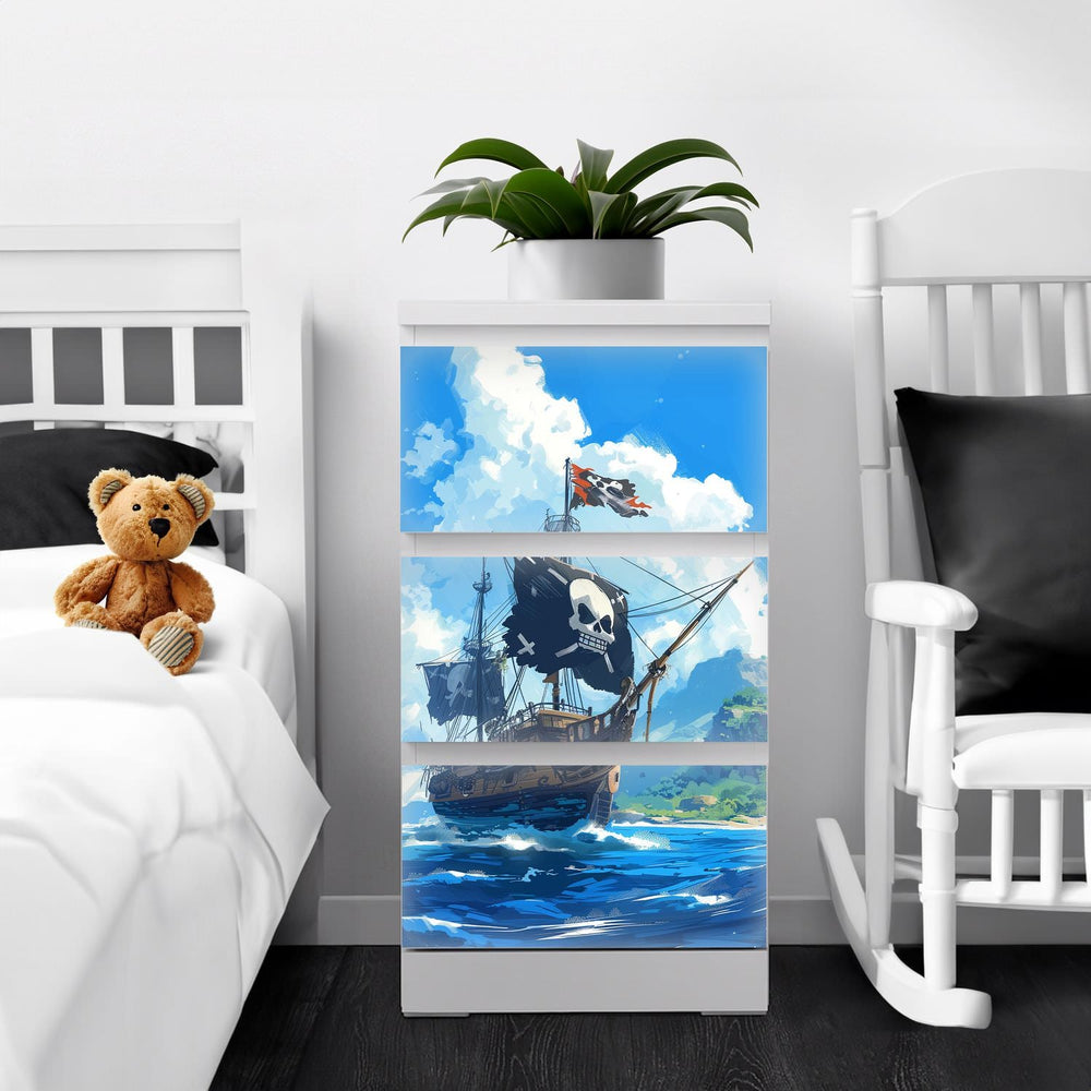 Möbelfolie IKEA Malm Piraten – großes Schiff auf hoher See mit Totenkopfflagge - Sunnywall - Individualität trifft Design