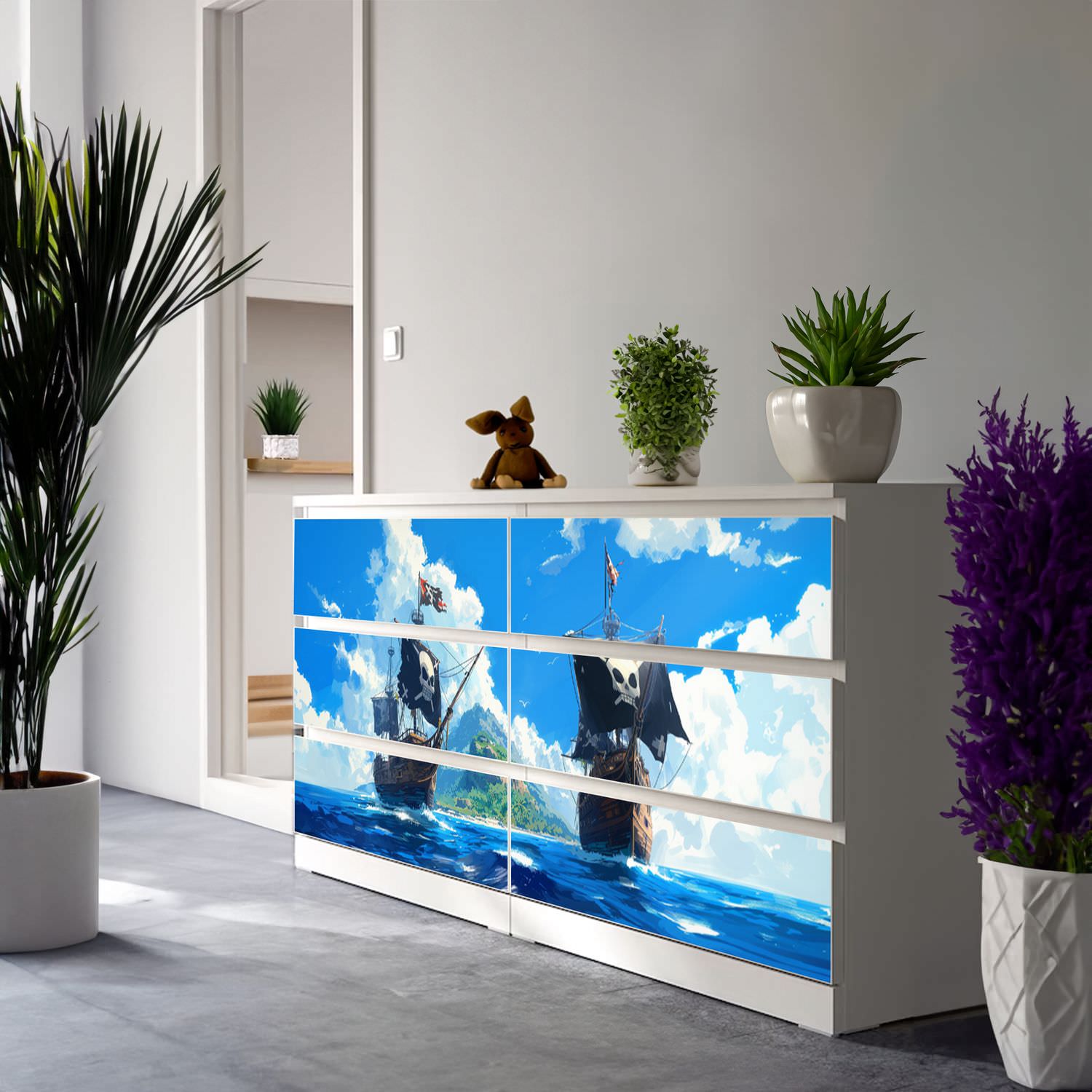 Möbelfolie IKEA Malm Piraten – großes Schiff auf hoher See mit Totenkopfflagge - Sunnywall - Individualität trifft Design