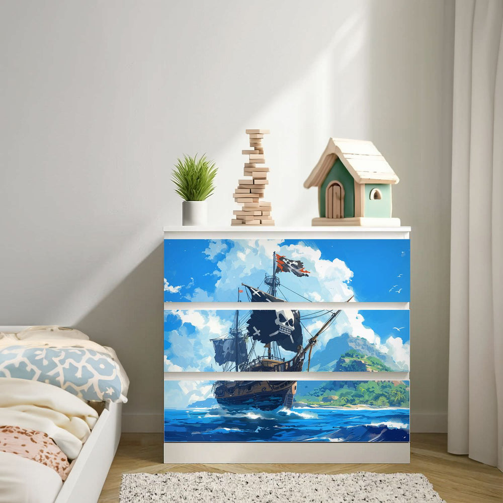 Möbelfolie IKEA Malm Piraten – großes Schiff auf hoher See mit Totenkopfflagge - Sunnywall - Individualität trifft Design