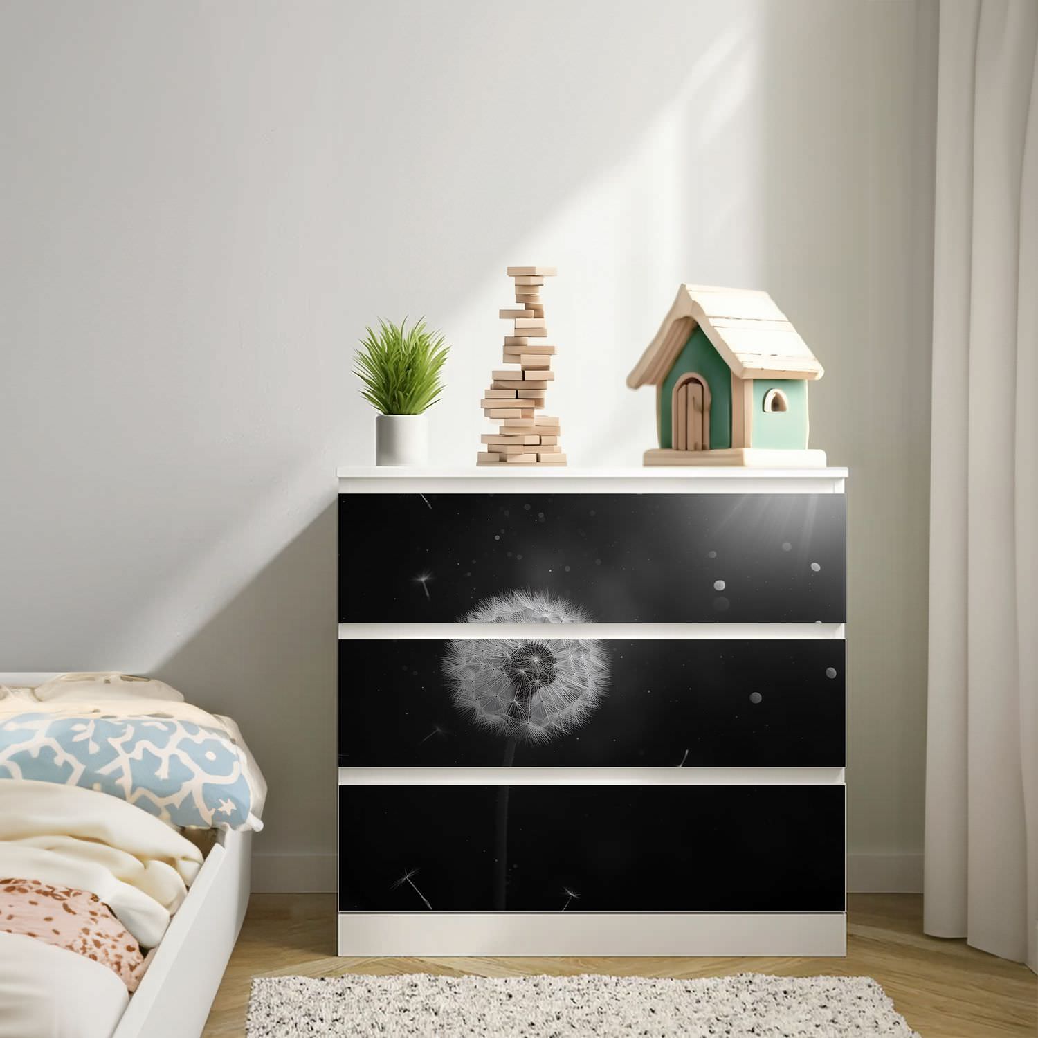 Möbelfolie IKEA Malm Pusteblume – stilvolles Schwarz-Weiß-Motiv mit Leichtigkeit - Sunnywall - Individualität trifft Design