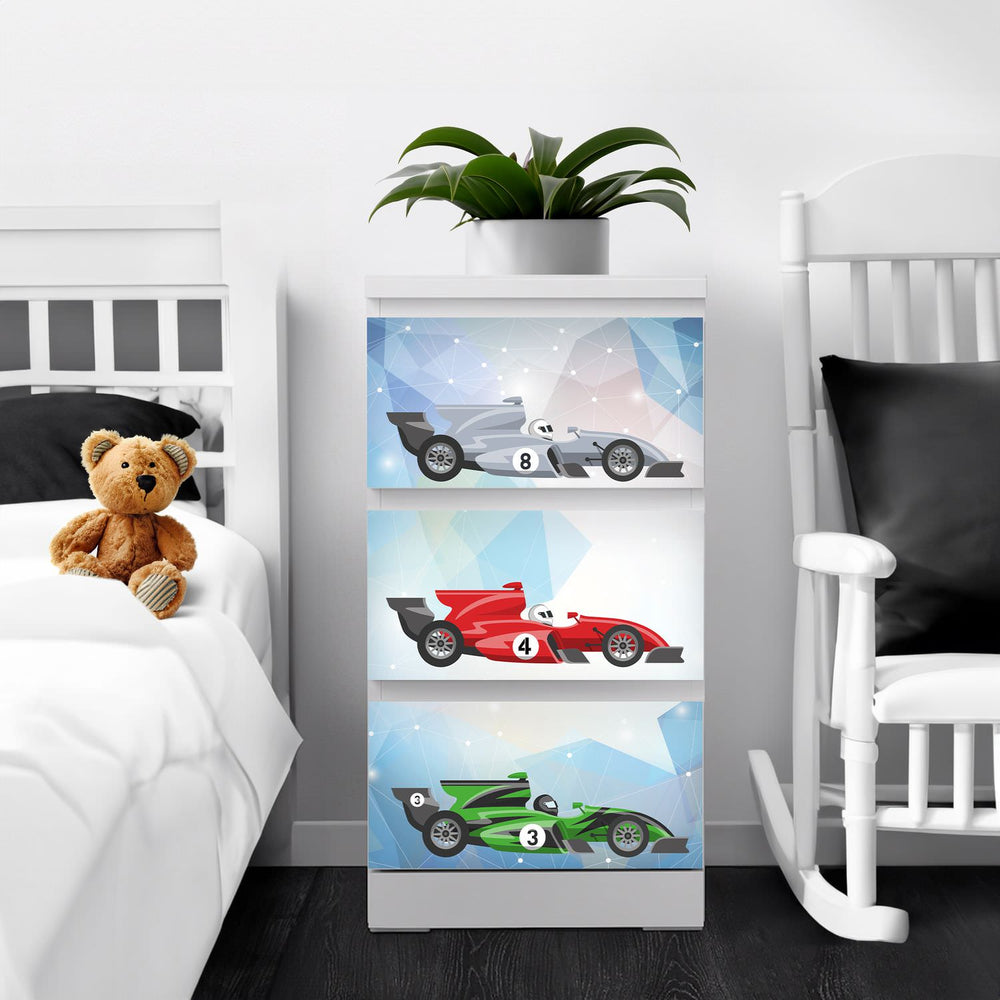 Möbelfolie IKEA Malm Rennwagen – Formel 1 Design in vier Farben - Sunnywall - Individualität trifft Design