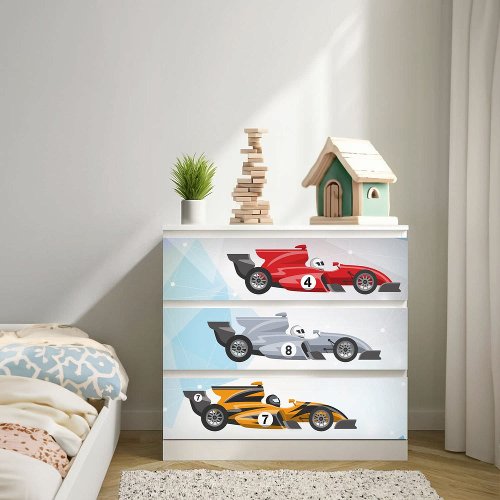 Möbelfolie IKEA Malm Rennwagen – Formel 1 Design in vier Farben - Sunnywall - Individualität trifft Design