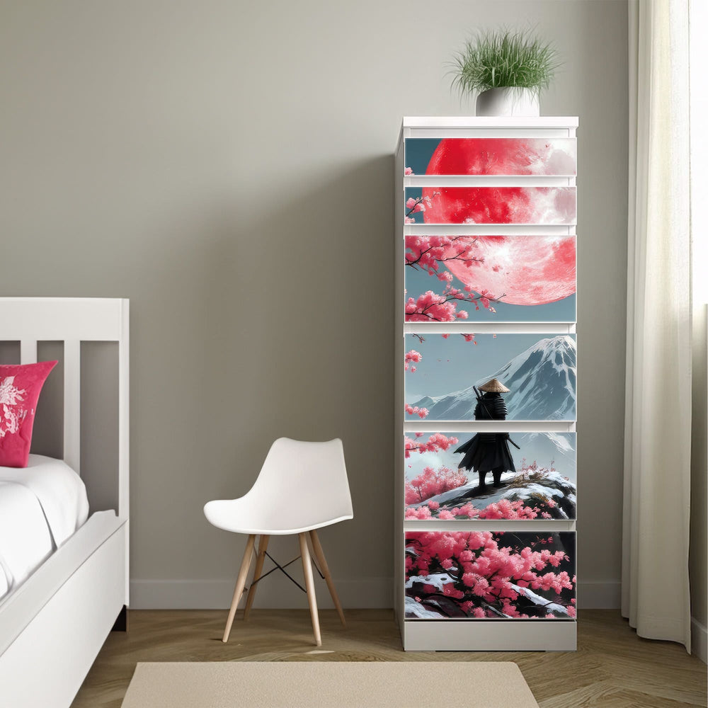 Möbelfolie IKEA MALM Samurai Kirschblüte - Ronin Sakura in Berglandschaft - Sunnywall - Individualität trifft Design
