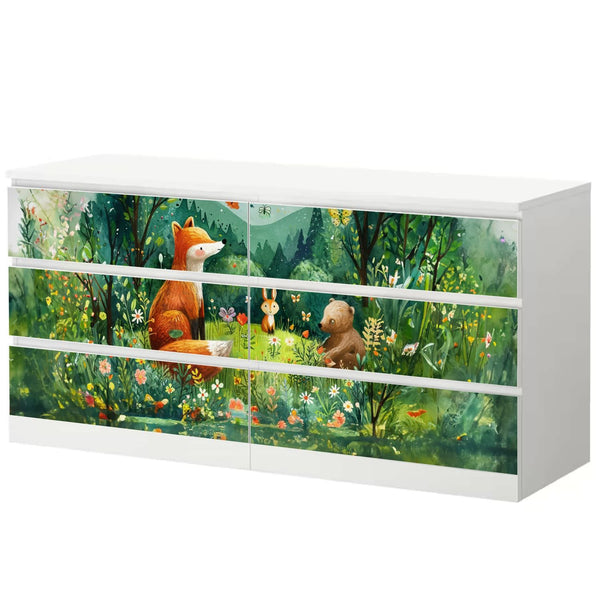 Möbelfolie IKEA Malm Waldtiere – Fuchs, Hase & Bär am Waldrand mit See - Sunnywall - Individualität trifft Design