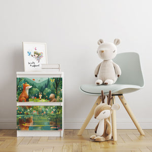 Möbelfolie IKEA Malm Waldtiere – Fuchs, Hase & Bär am Waldrand mit See - Sunnywall - Individualität trifft Design