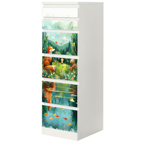 Möbelfolie IKEA Malm Waldtiere – Fuchs, Hase & Bär am Waldrand mit See - Sunnywall - Individualität trifft Design
