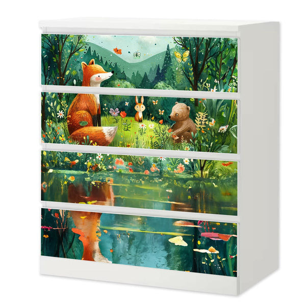 Möbelfolie IKEA Malm Waldtiere – Fuchs, Hase & Bär am Waldrand mit See - Sunnywall - Individualität trifft Design
