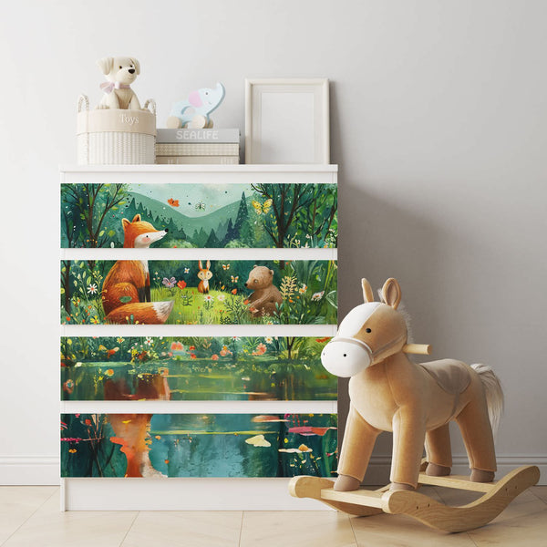 Möbelfolie IKEA Malm Waldtiere – Fuchs, Hase & Bär am Waldrand mit See - Sunnywall - Individualität trifft Design
