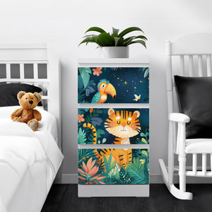Möbelfolie IKEA Malm Wildtiere – bunter Dschungel mit Tiger, Papagei & Affe - Sunnywall - Individualität trifft Design