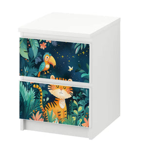 Möbelfolie IKEA Malm Wildtiere – bunter Dschungel mit Tiger, Papagei & Affe - Sunnywall - Individualität trifft Design