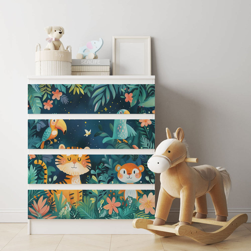 Möbelfolie IKEA Malm Wildtiere – bunter Dschungel mit Tiger, Papagei & Affe - Sunnywall - Individualität trifft Design