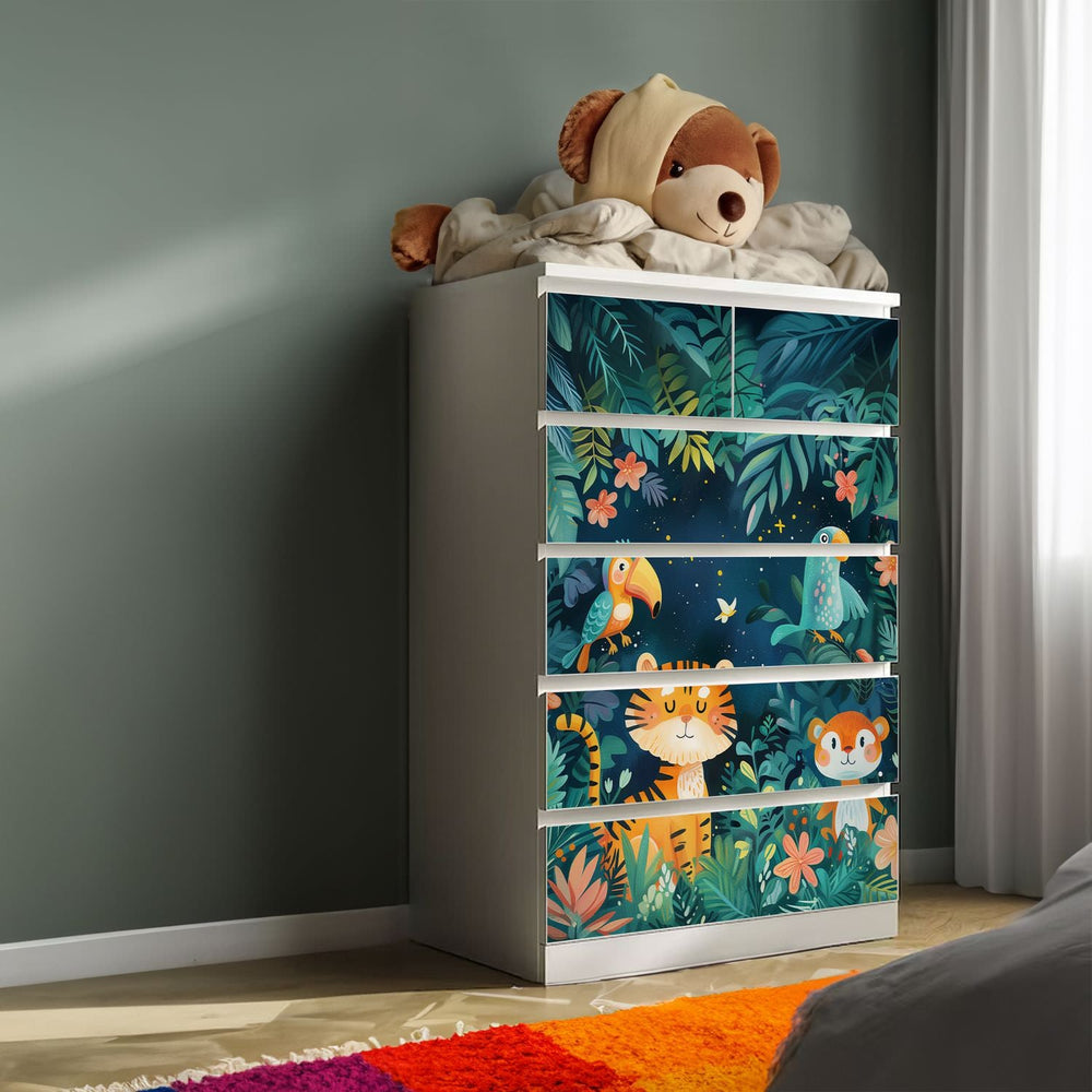 Möbelfolie IKEA Malm Wildtiere – bunter Dschungel mit Tiger, Papagei & Affe - Sunnywall - Individualität trifft Design