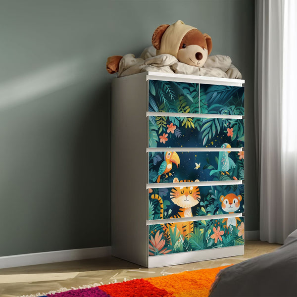 Möbelfolie IKEA Malm Wildtiere – bunter Dschungel mit Tiger, Papagei & Affe - Sunnywall - Individualität trifft Design