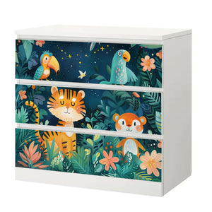 Möbelfolie IKEA Malm Wildtiere – bunter Dschungel mit Tiger, Papagei & Affe - Sunnywall - Individualität trifft Design