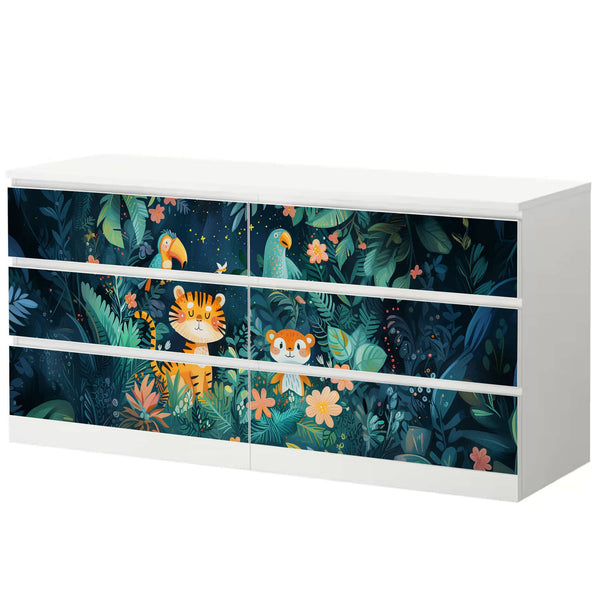 Möbelfolie IKEA Malm Wildtiere – bunter Dschungel mit Tiger, Papagei & Affe - Sunnywall - Individualität trifft Design