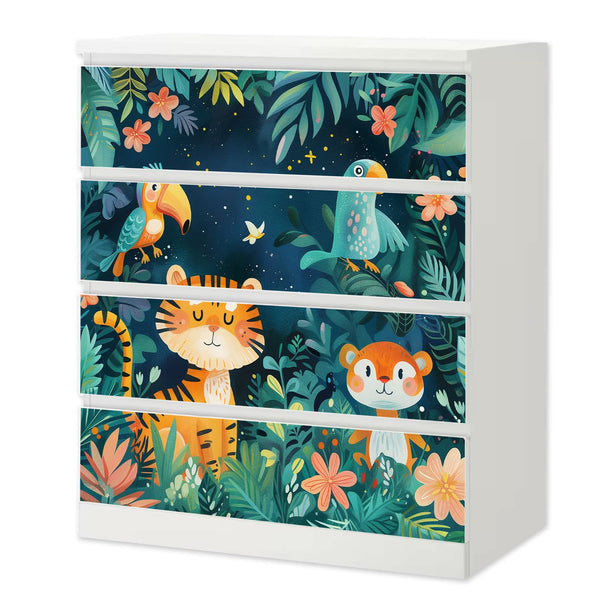 Möbelfolie IKEA Malm Wildtiere – bunter Dschungel mit Tiger, Papagei & Affe - Sunnywall - Individualität trifft Design