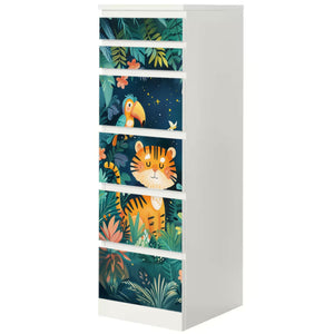 Möbelfolie IKEA Malm Wildtiere – bunter Dschungel mit Tiger, Papagei & Affe - Sunnywall - Individualität trifft Design