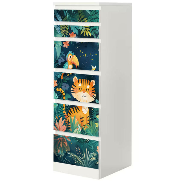 Möbelfolie IKEA Malm Wildtiere – bunter Dschungel mit Tiger, Papagei & Affe - Sunnywall - Individualität trifft Design
