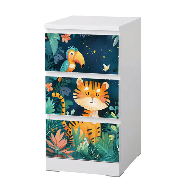 Möbelfolie IKEA Malm Wildtiere – bunter Dschungel mit Tiger, Papagei & Affe - Sunnywall - Individualität trifft Design
