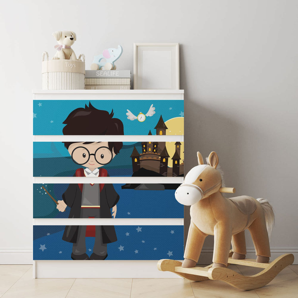 Möbelfolie IKEA Malm Zauberer – magisches Kinderzimmer-Design in Blau - Sunnywall - Individualität trifft Design