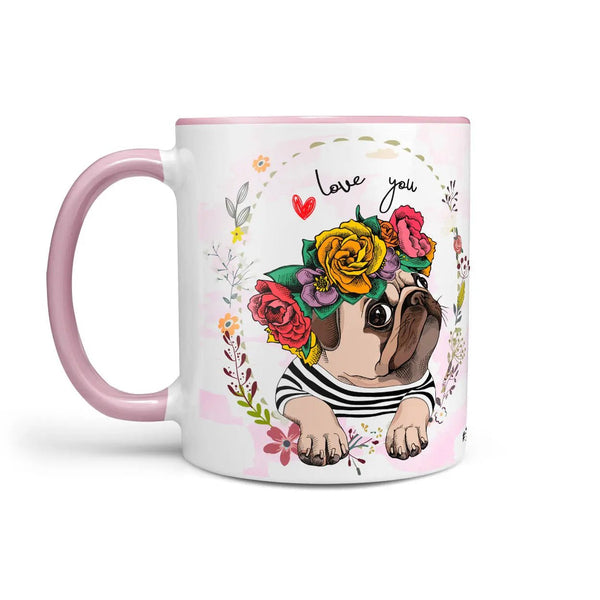 Mops Tasse Love you mit Blumenkranz – Geschenk für Hundefans - Sunnywall - Individualität trifft Design