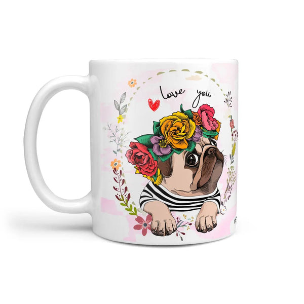 Mops Tasse Love you mit Blumenkranz – Geschenk für Hundefans - Sunnywall - Individualität trifft Design