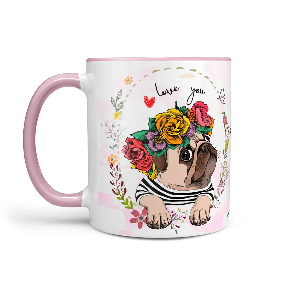 Mops Tasse Love you mit Blumenkranz – Geschenk für Hundefans - Sunnywall - Individualität trifft Design