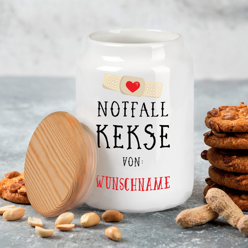 Notfallkekse für Wunschname – Keramik Vorratsdose Keksdose mit Holzdeckel - Sunnywall - Individualität trifft Design
