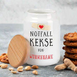Notfallkekse für Wunschname – Keramik Vorratsdose Keksdose mit Holzdeckel - Sunnywall - Individualität trifft Design