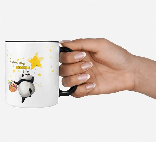 Panda Tasse mit Sternballon und Spruch Never stop dreaming - Sunnywall - Individualität trifft Design