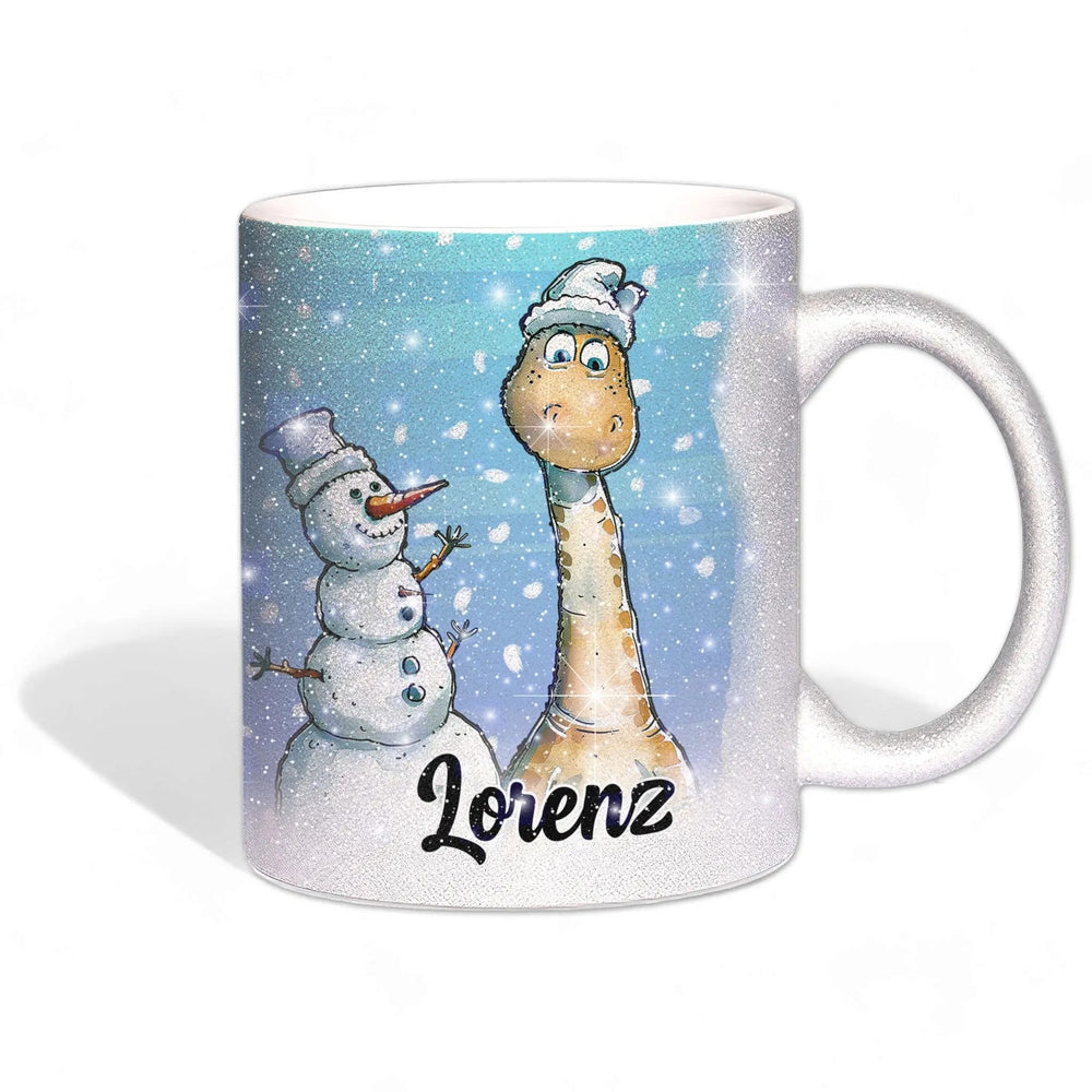 Personalisierte Dino Weihnachtstasse mit Schneemann – Glitzertasse mit Name - Sunnywall - Individualität trifft Design