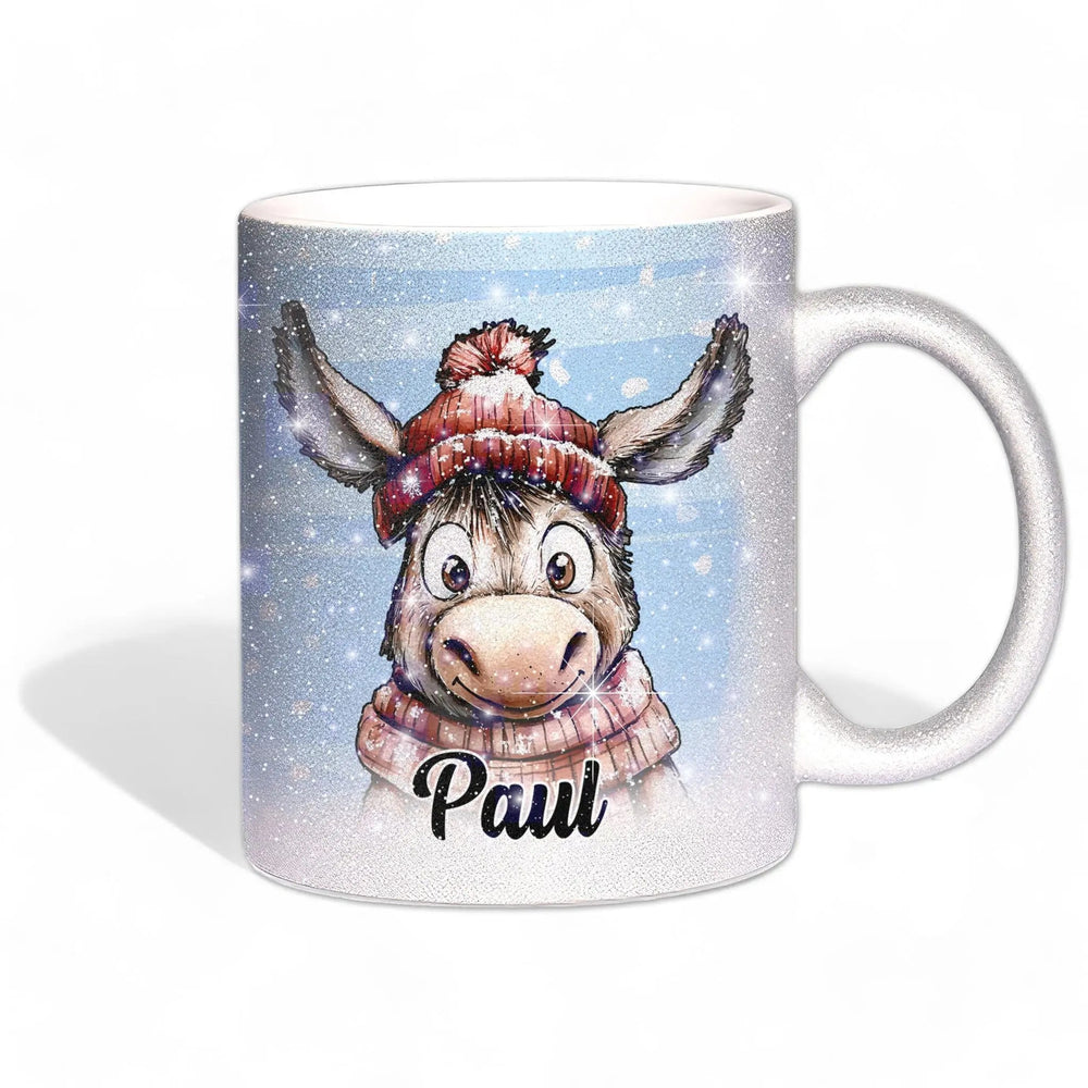 Personalisierte Esel Weihnachtstasse – Glitzertasse mit Name & Wintermotiv - Sunnywall - Individualität trifft Design