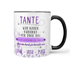 Personalisierte Tasse Geschenk Tante mit Wunschnamen schwarz lila - Sunnywall - Individualität trifft Design