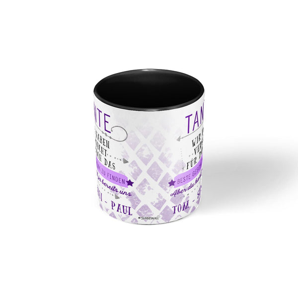 Personalisierte Tasse Geschenk Tante mit Wunschnamen schwarz lila - Sunnywall - Individualität trifft Design