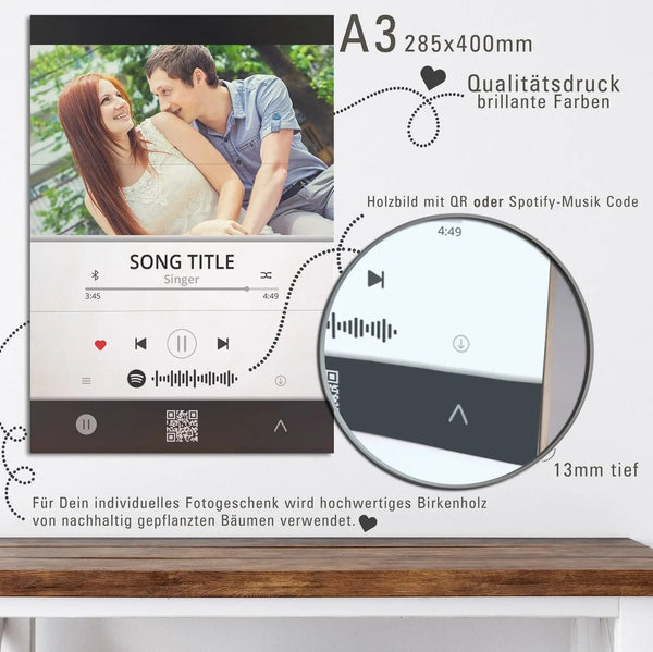 Personalisiertes Holzbild mit Spotify Song – Geschenk mit Foto & Musik - Sunnywall - Individualität trifft Design