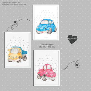 Poster Auto Kinderzimmer 3er Set Baustellenfahrzeuge Bagger Auto Pickup - Sunnywall - Individualität trifft Design