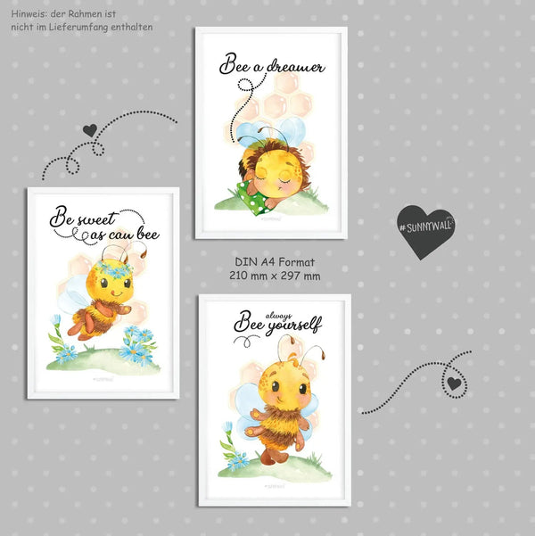 Poster Bienen Kinderzimmer 3er Set mit englischen Sprüchen und Aquarell Bienen - Sunnywall - Individualität trifft Design